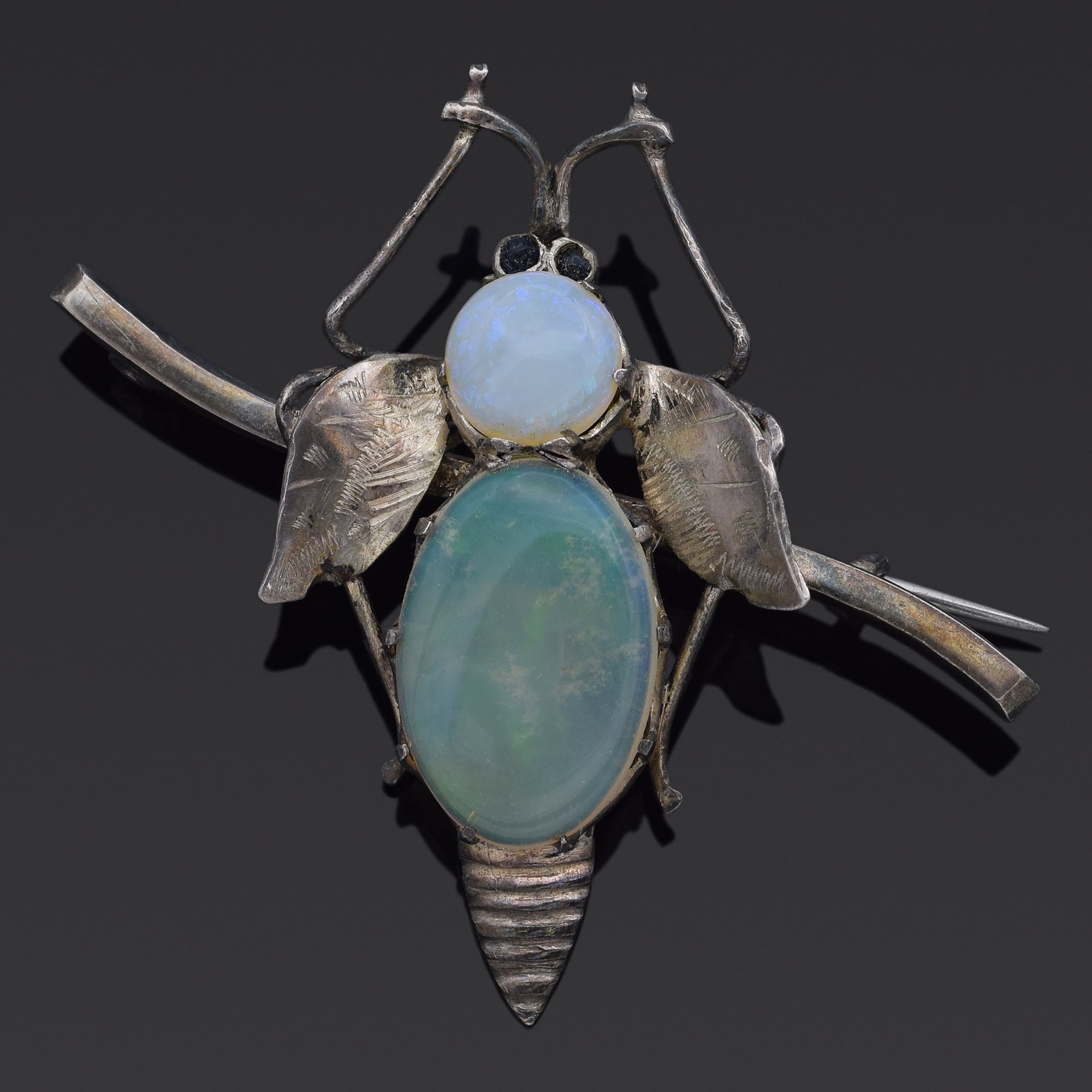 Vintage Sterling Silver Opal & Blue Paste Bug Brooch Pin