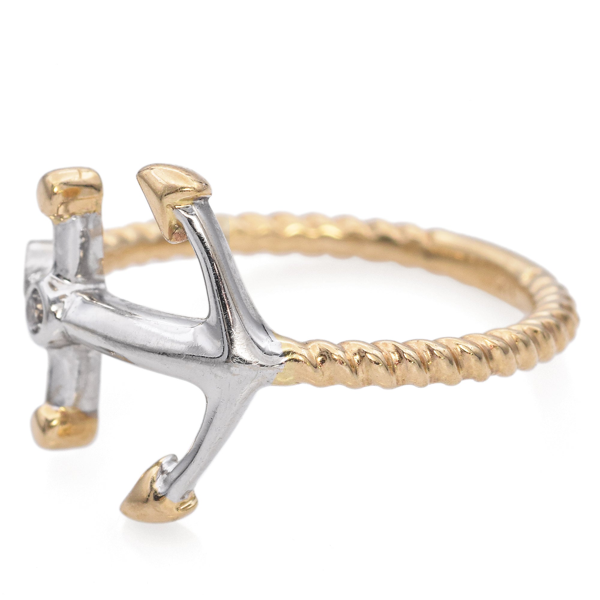 14K Yellow and White Gold Bezel Set Diamond Anchor Ring with Twisted Rope Shank