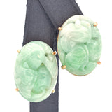 GUMP'S 14K Yellow Gold Carved Green Jade Omega-Back Earrings & Brooch Pin Set