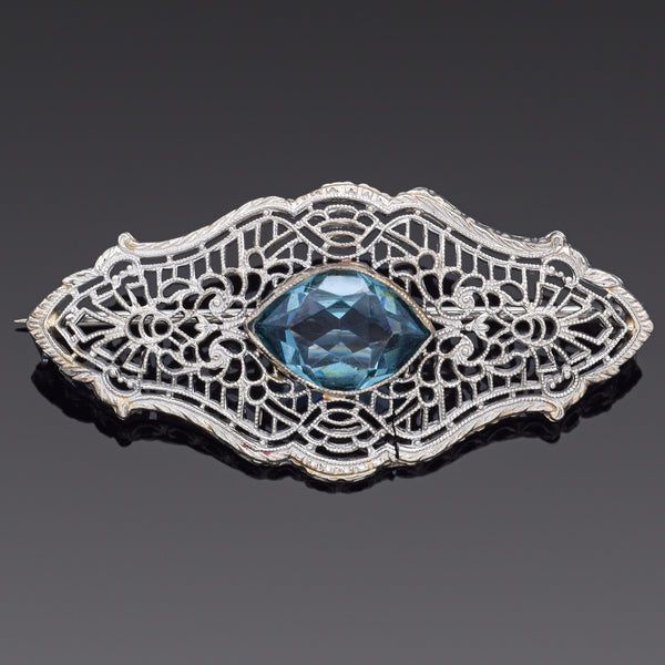 Antique Art Deco 10K White Gold London Blue Paste Brooch Pin