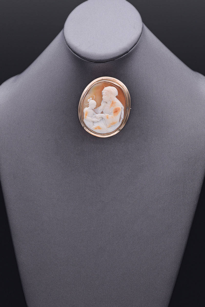 Antique 14K Gold Education of the Virgin Mary by Saint Anne Cameo Brooch Pendant