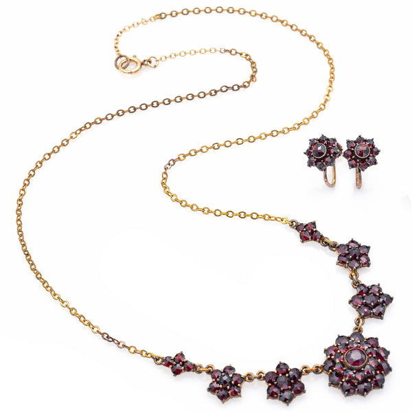 Antique Gold-Filled Garnet Necklace & Screw-Back Earrings Set + Box