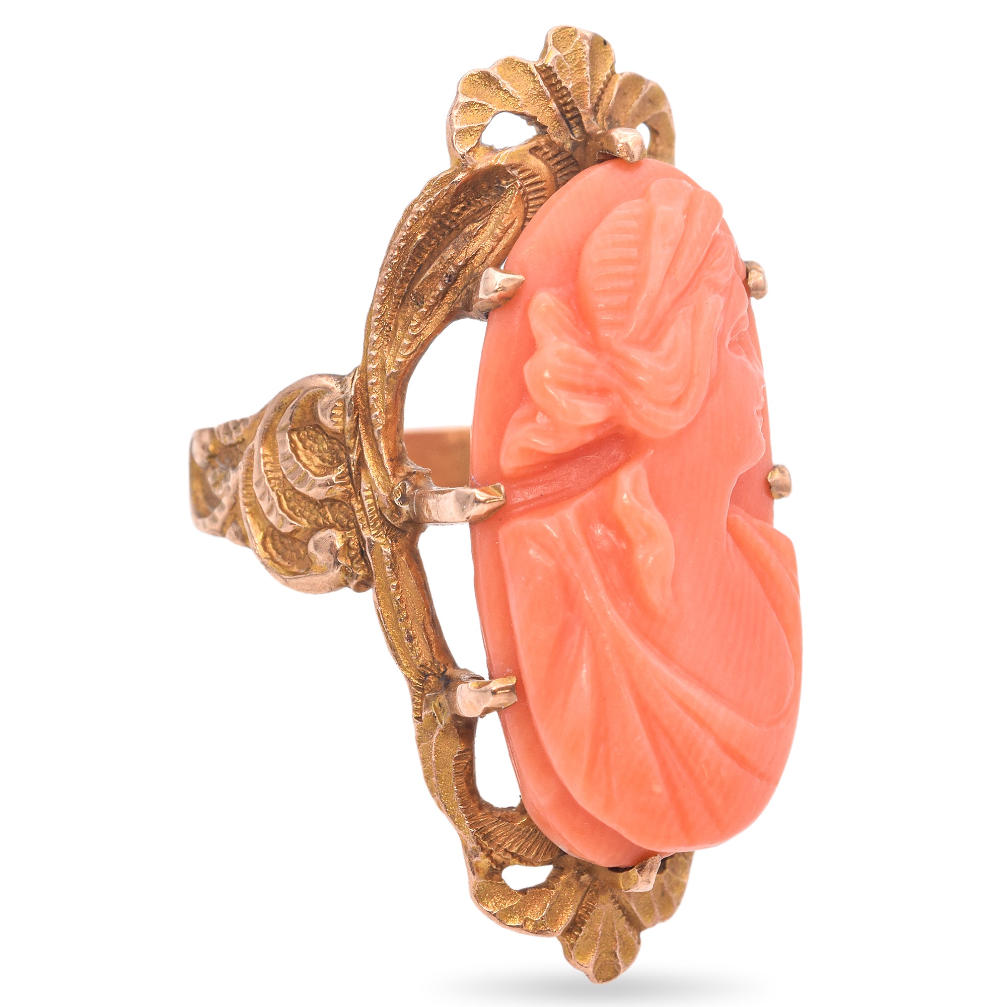 Antique Etched 14K Yellow Gold Prong Set Carved Coral Cameo Ring