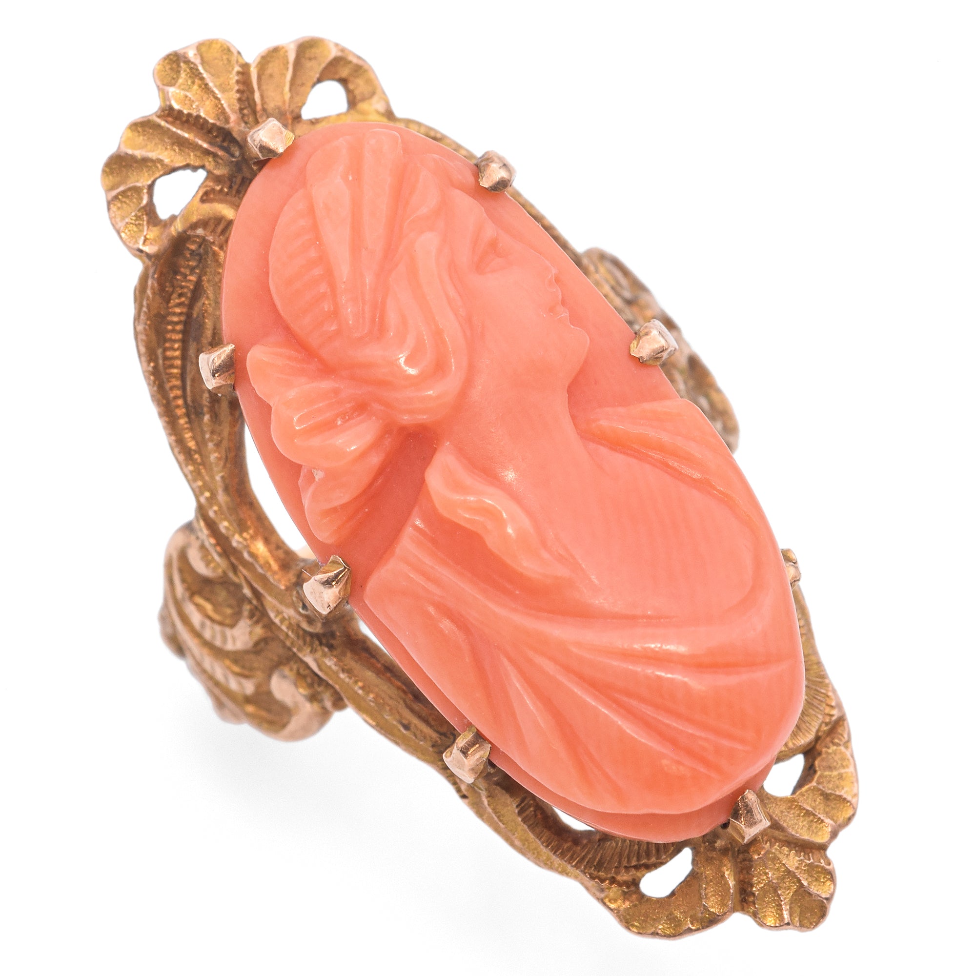 Antique Etched 14K Yellow Gold Prong Set Carved Coral Cameo Ring