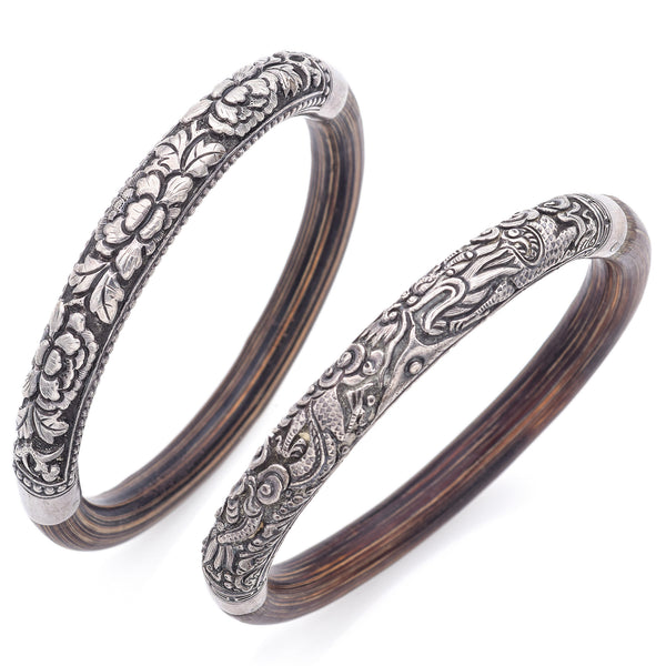 Lot of 2 Antique Silver Rattan Wood Dragon and Floral Etched Arm Bands Bangle