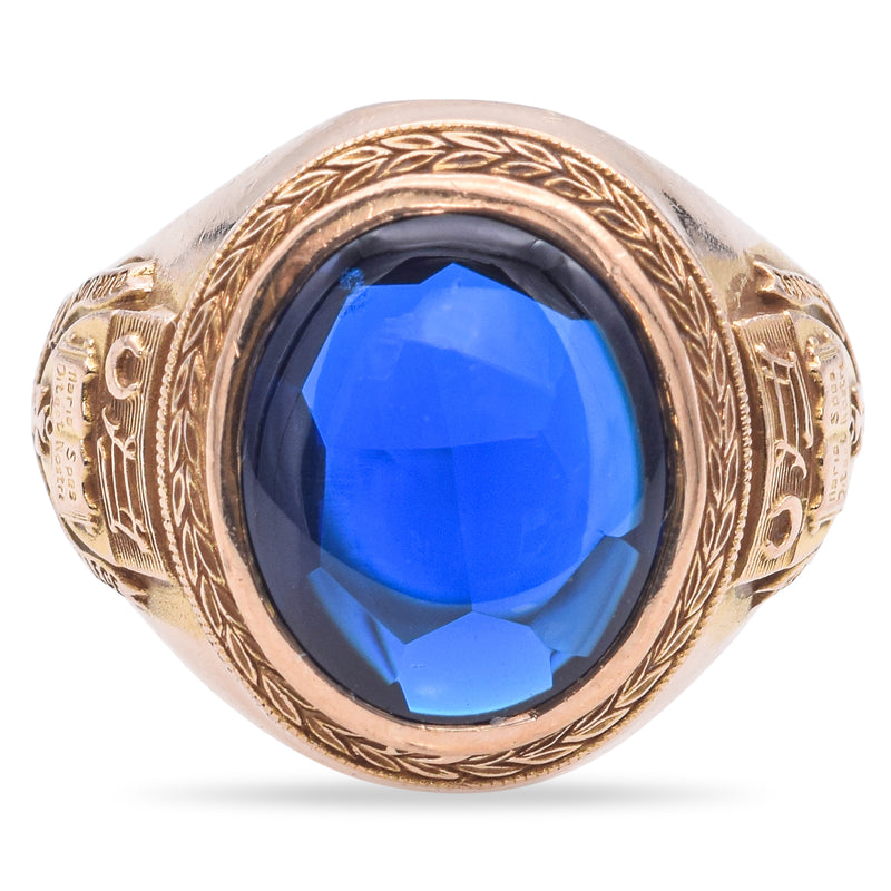 10K Yellow Gold Lab Blue Spinel Cincinnati College Class of 1963 Ring