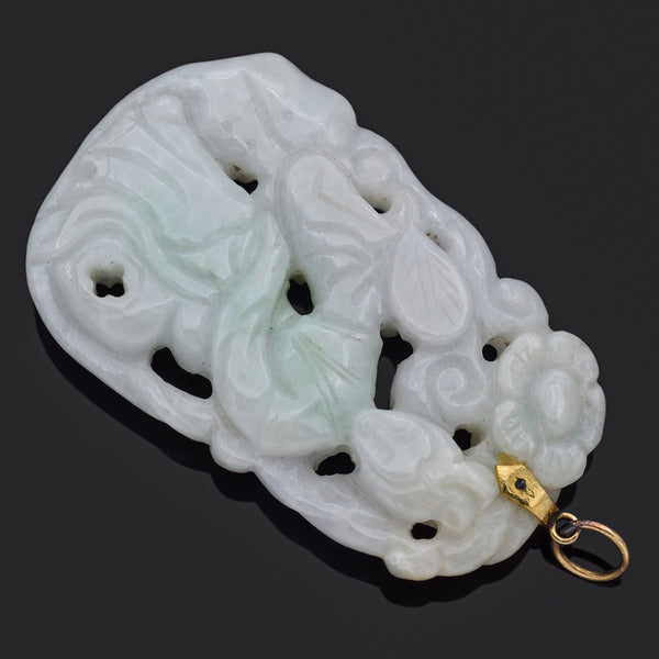 Vintage 14K Yellow Gold Translucent Green Jade Carved Deity Pendant