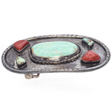 Vintage Sterling Silver Turquoise and Coral Belt Buckle