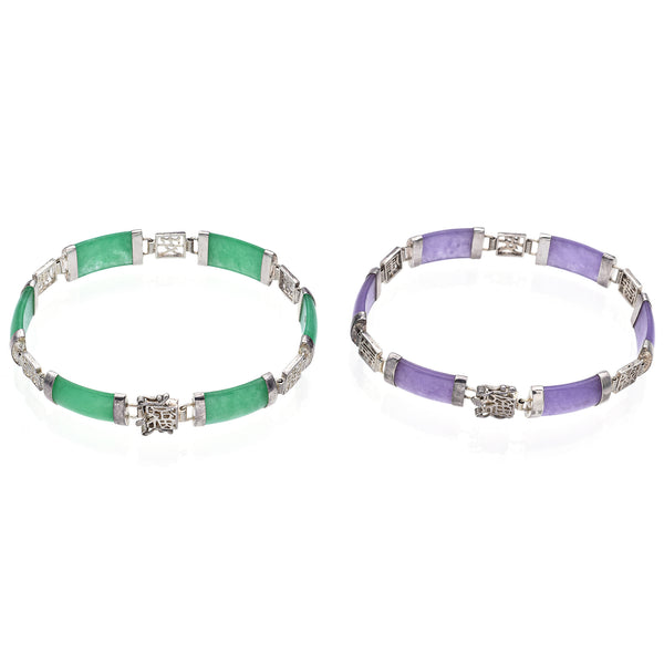 Lot of 2 Sterling Silver Green & Lavender Jade Blessed 福 Link Bracelets