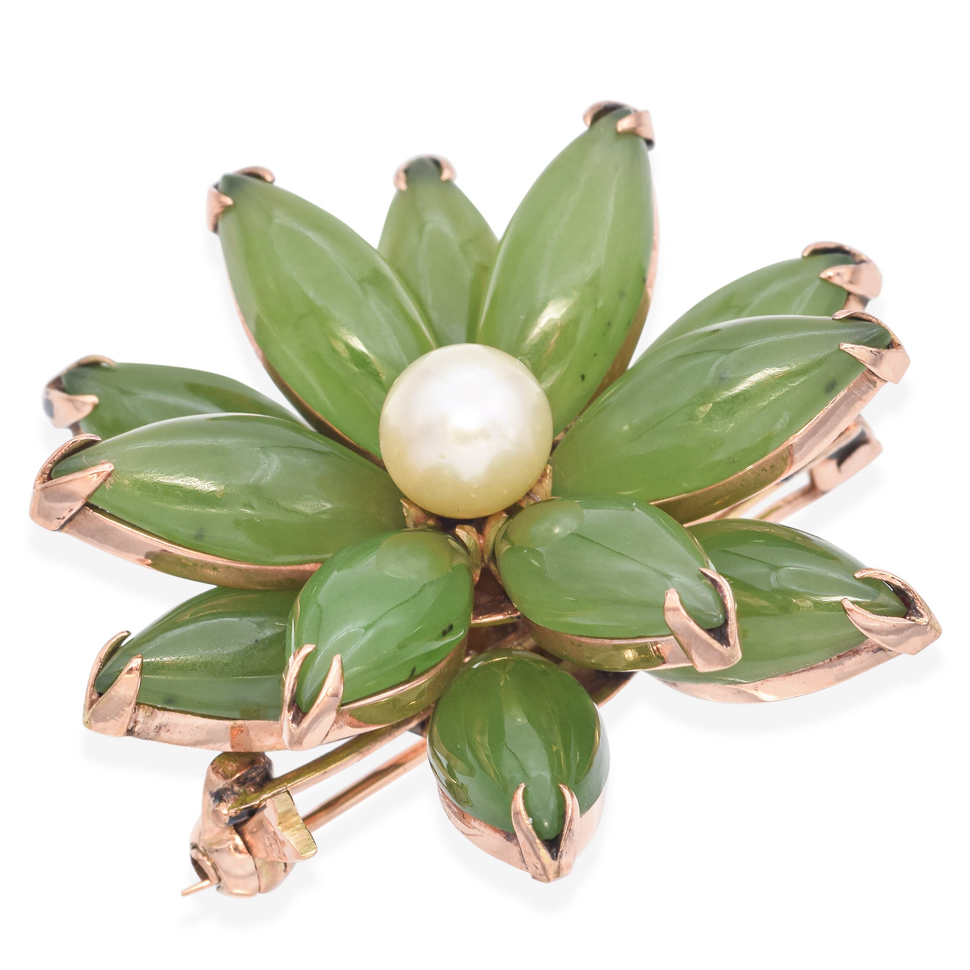 Vintage Yellow Gold Green Jade and Pearl Flower Brooch