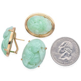 GUMP'S 14K Yellow Gold Carved Green Jade Omega-Back Earrings & Brooch Pin Set