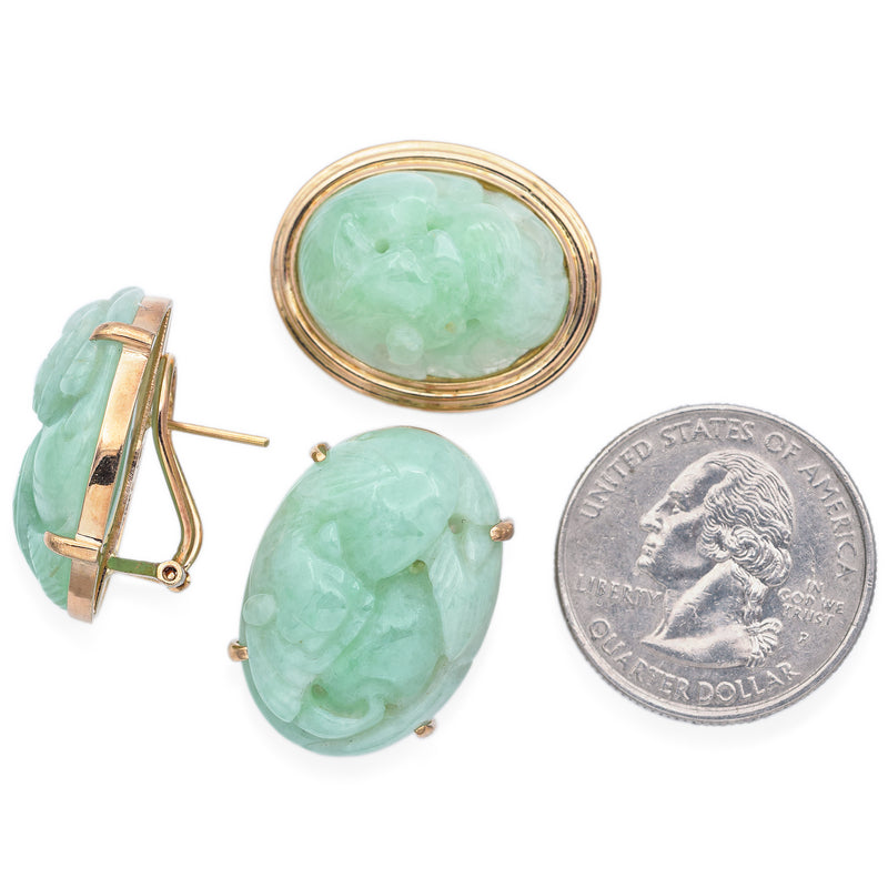 GUMP'S 14K Yellow Gold Carved Green Jade Omega-Back Earrings & Brooch Pin Set