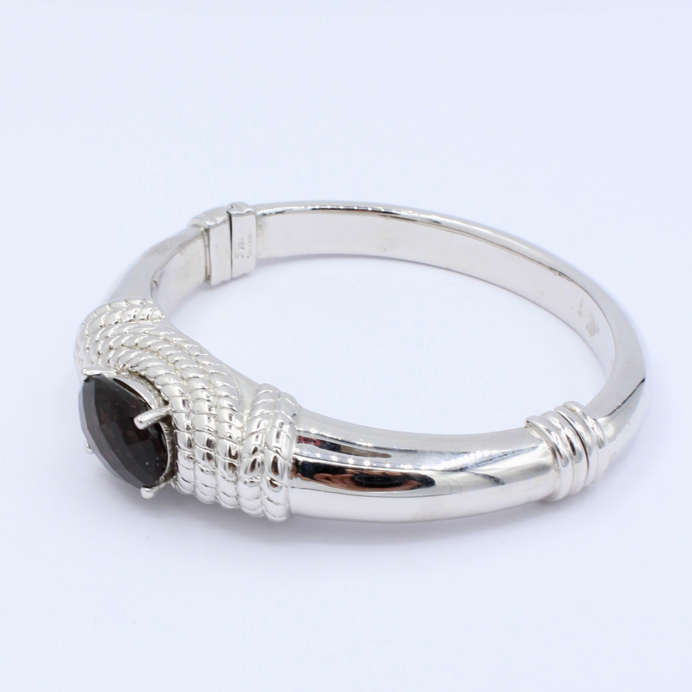 Estate Sterling Silver Smoky Quartz Hinged Bangle Bracelet