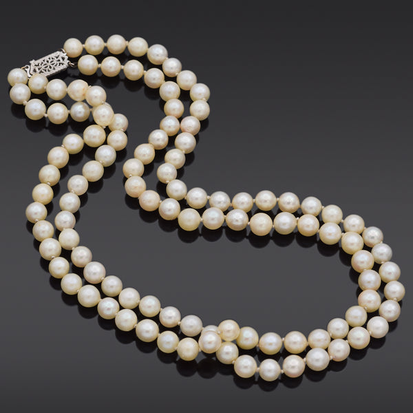 Vintage 14K White Gold 6-6.5 mm Pearl Beaded Double-Strand Necklace 15 Inches