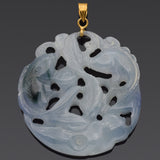 Vintage Translucent Gray Jade 14K Yellow Gold Large Carved Koi Fish Pendant