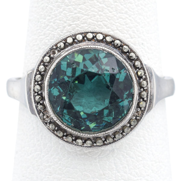 Antique R. Lindsay Sterling Silver Blue Zircon & Marcasite Ring