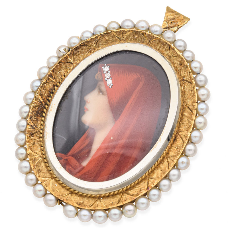 Antique Italy 18K Yellow Gold Pearl Diamond Hand Painted Portrait Brooch Pendant