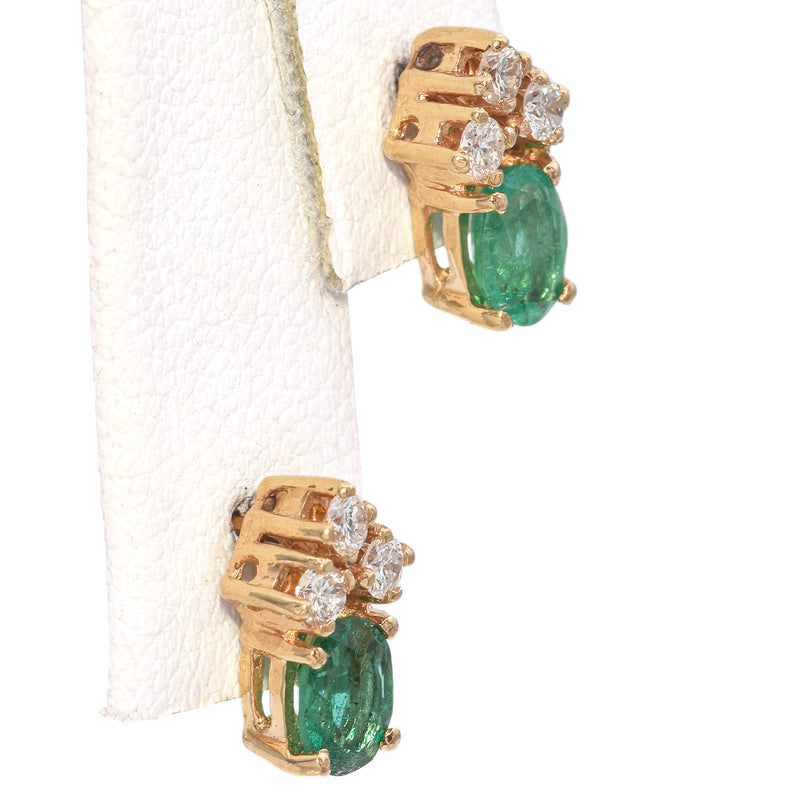 14K Yellow Gold 0.72 TCW Oval Emerald and Cluster Diamond Stud Earrings