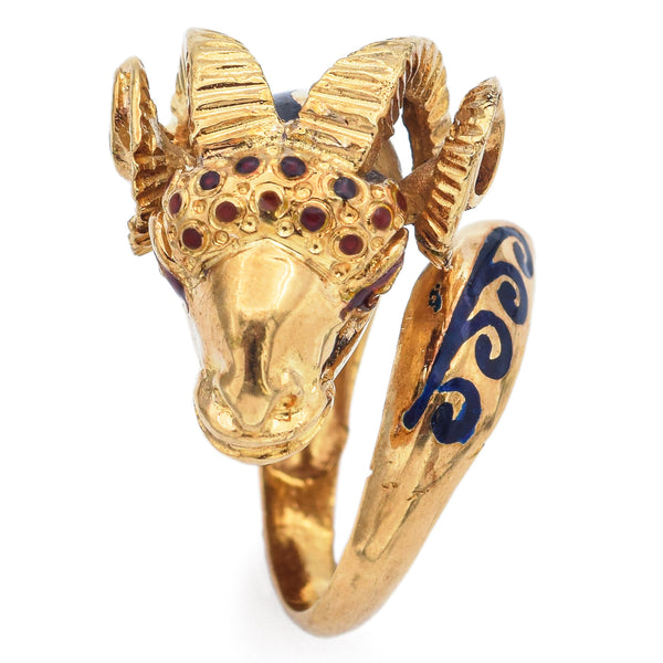 Vintage 18K Yellow Gold Enamel Ram's Head Ring Wrap Ring Size 5