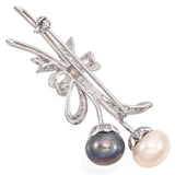 Vintage 14K White Gold Black White Pearl, 0.15 TCW Diamond Floral Bow Brooch Pin