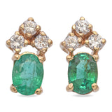 14K Yellow Gold 0.72 TCW Oval Emerald and Cluster Diamond Stud Earrings