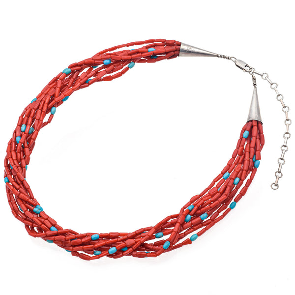 Estate Sterling Silver Red Coral & Turquoise Beaded Multi-Strand Necklace