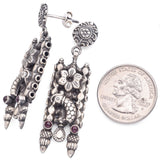 Sterling Silver Flower & Bird Motif Dangle Earrings with Accent Cabochon Rubies