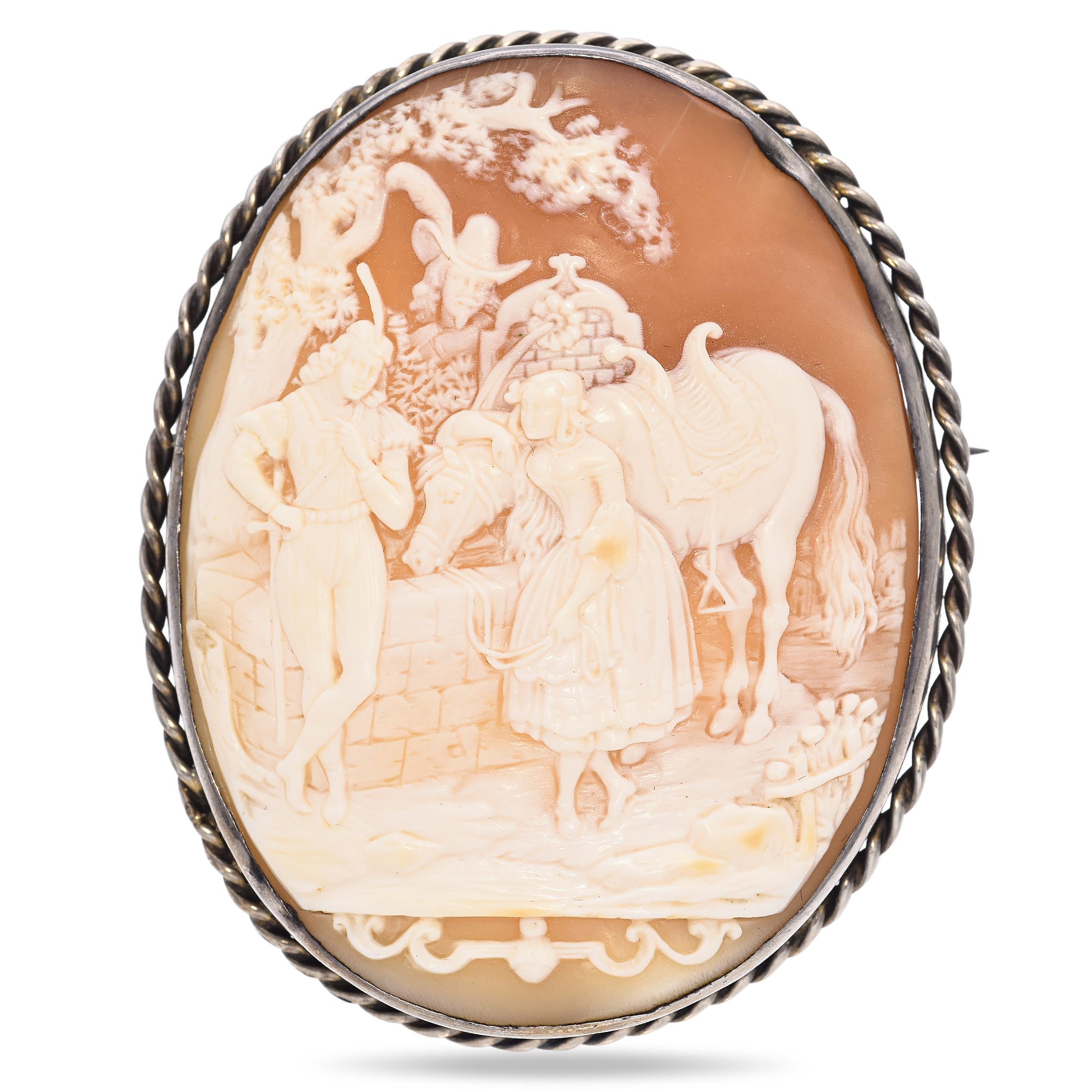 Antique Sterling Silver Cameo Cyrano Whispering to Christian and Roxanne Brooch