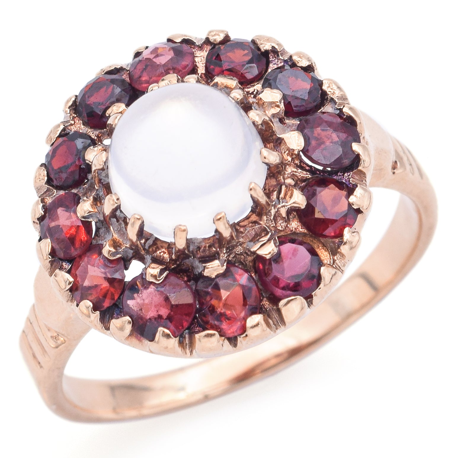 Vintage 14K Yellow Gold Moonstone & Garnet Round Cocktail Ring Size 8