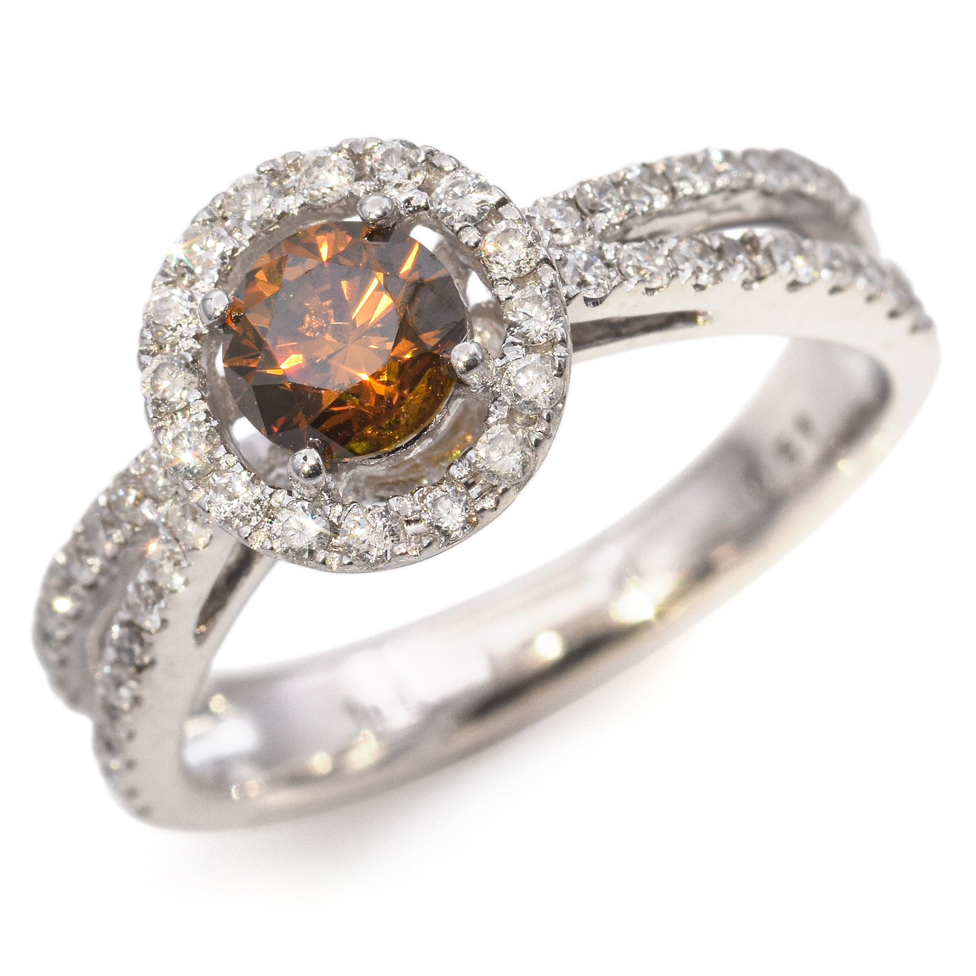 14K White Gold 0.76 TCW Brownish Orange Diamond Halo Split Shank Engagement Ring