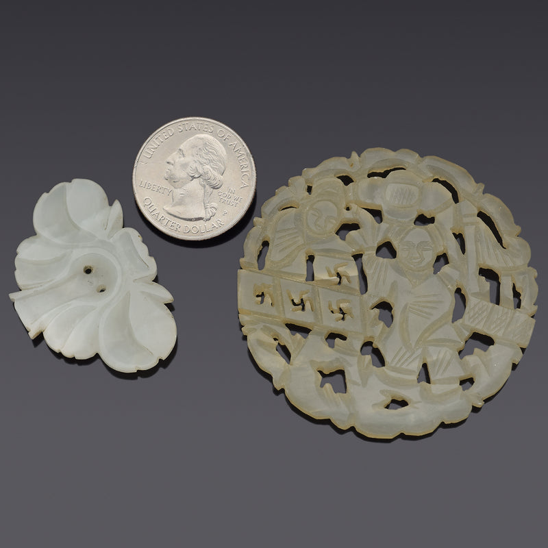 Antique White & Pale Green Jade Round Carved Children Openwork & Moth Pendants