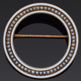 Antique Seed Pearl & White Onyx Inlay 14K Yellow Gold Open Circle Brooch Pin