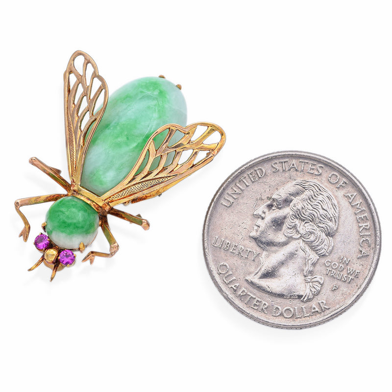 Vintage 14K Yellow Gold Green Jade & Ruby Insect Bee Bug Brooch Pin