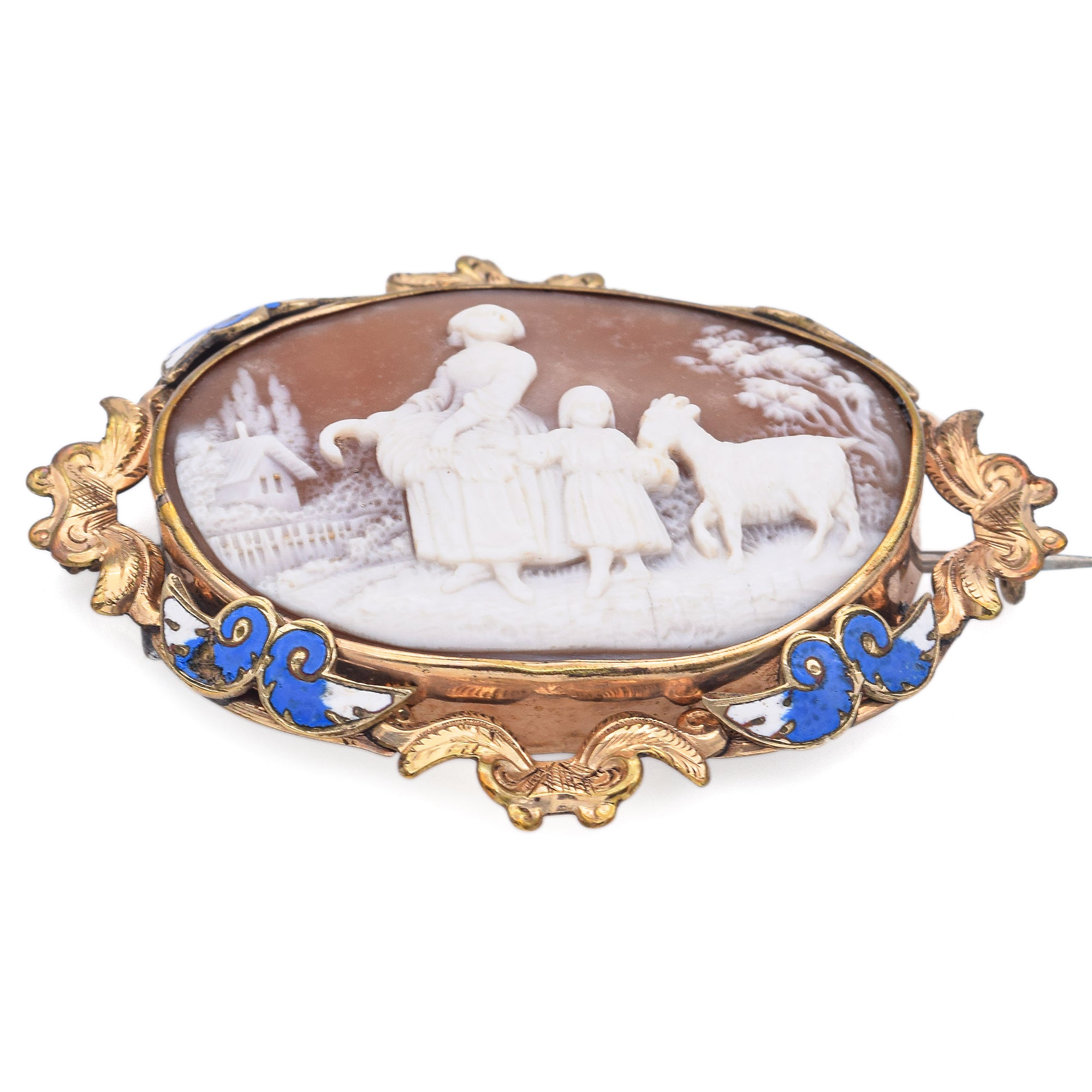 Antique Cameo Shell & Enamel Mother Child and Goat Brooch Pin