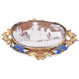 Antique Cameo Shell & Enamel Mother Child and Goat Brooch Pin