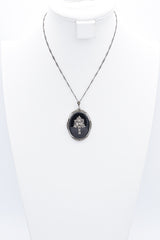 Antique Sterling Silver Black Onyx & Marcasite Mourning Locket Pendant Necklace