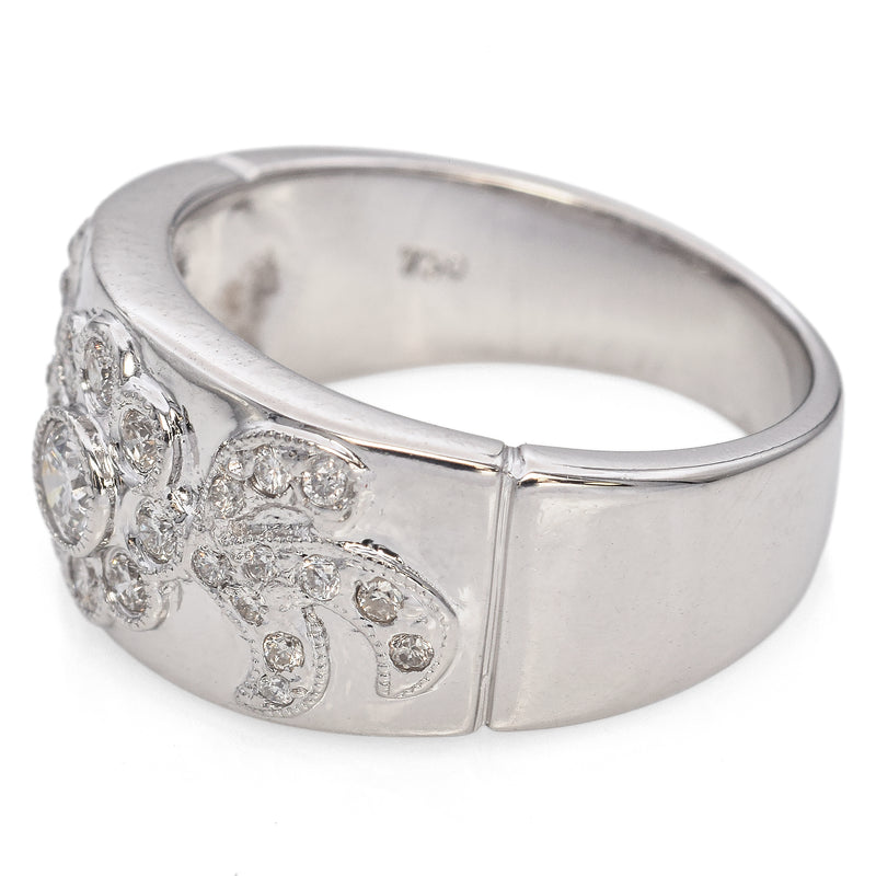 18K White Gold 0.24 TCW Diamond Floral Motif Wide Band Ring