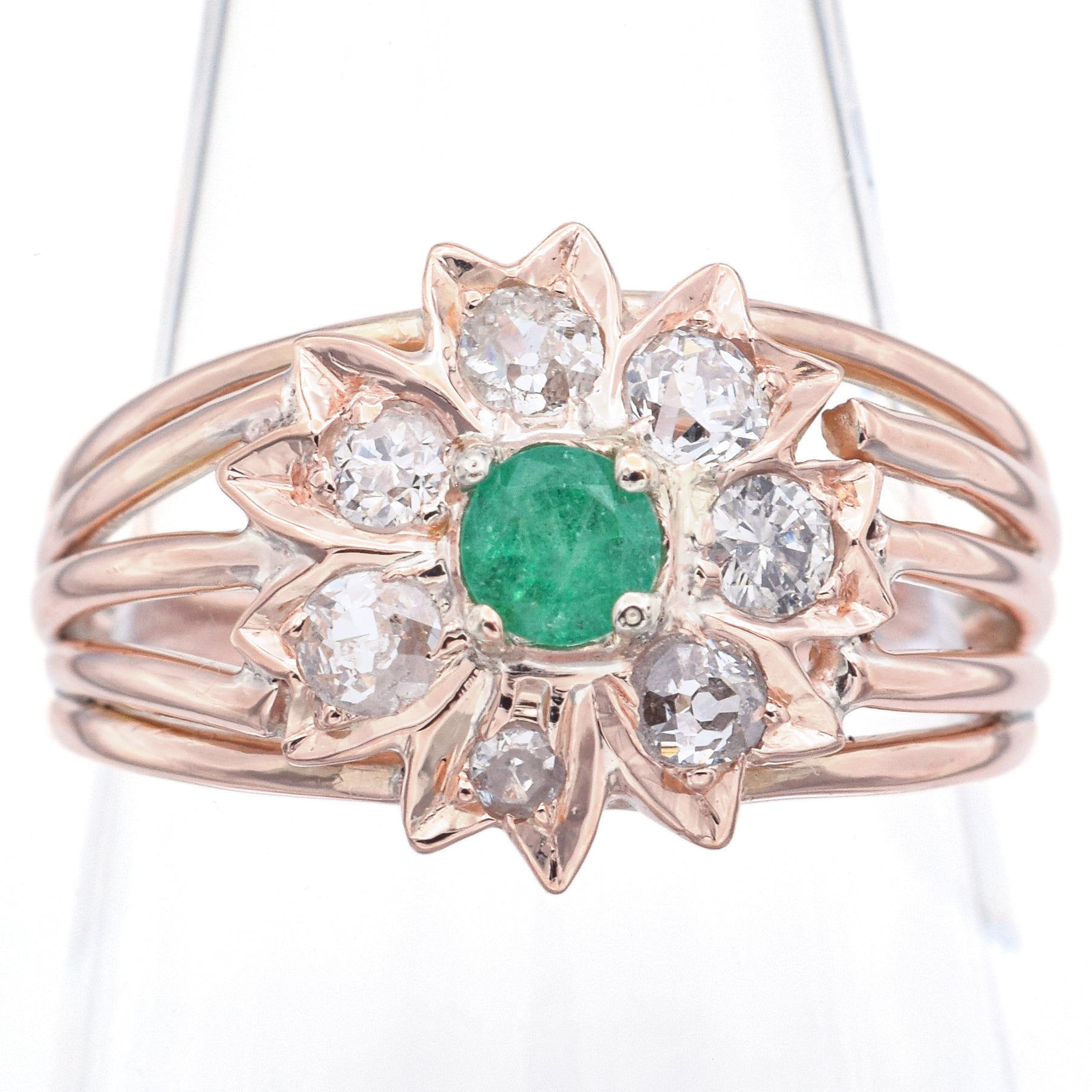 Antique 14K Rose Gold Emerald & 0.42 TCW Old Cut Diamond Band Ring Size 6.25