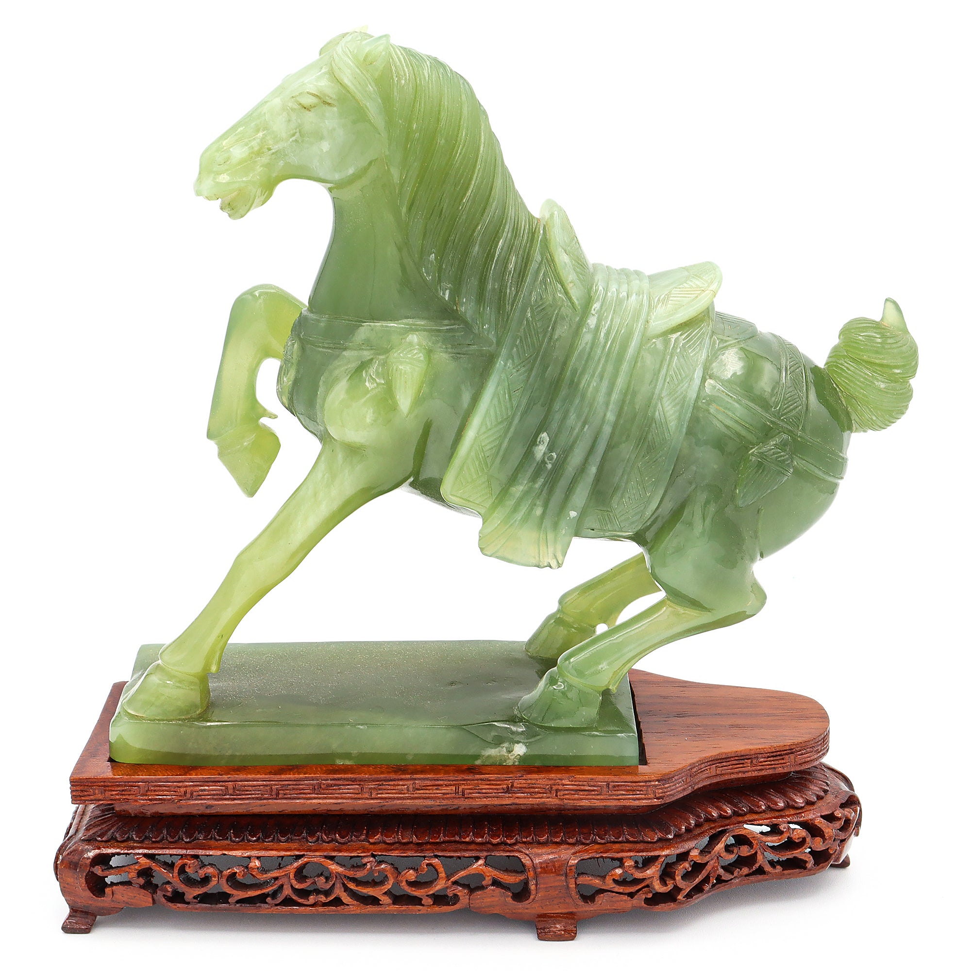 Vintage Carved Serpentine Horse Figurine with Wooden Stand 3.7lbs 8.5"x7"x2.5"