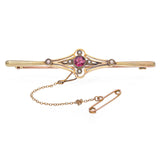 Antique Victorian 14K Yellow & Rose Gold Ruby and Seed Pearl Filigree Bar Brooch