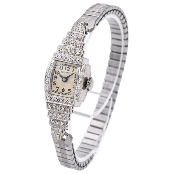 Antique Hamilton Ladies 0.26 TCW Diamond 14K White Gold Hand Wind Wristwatch