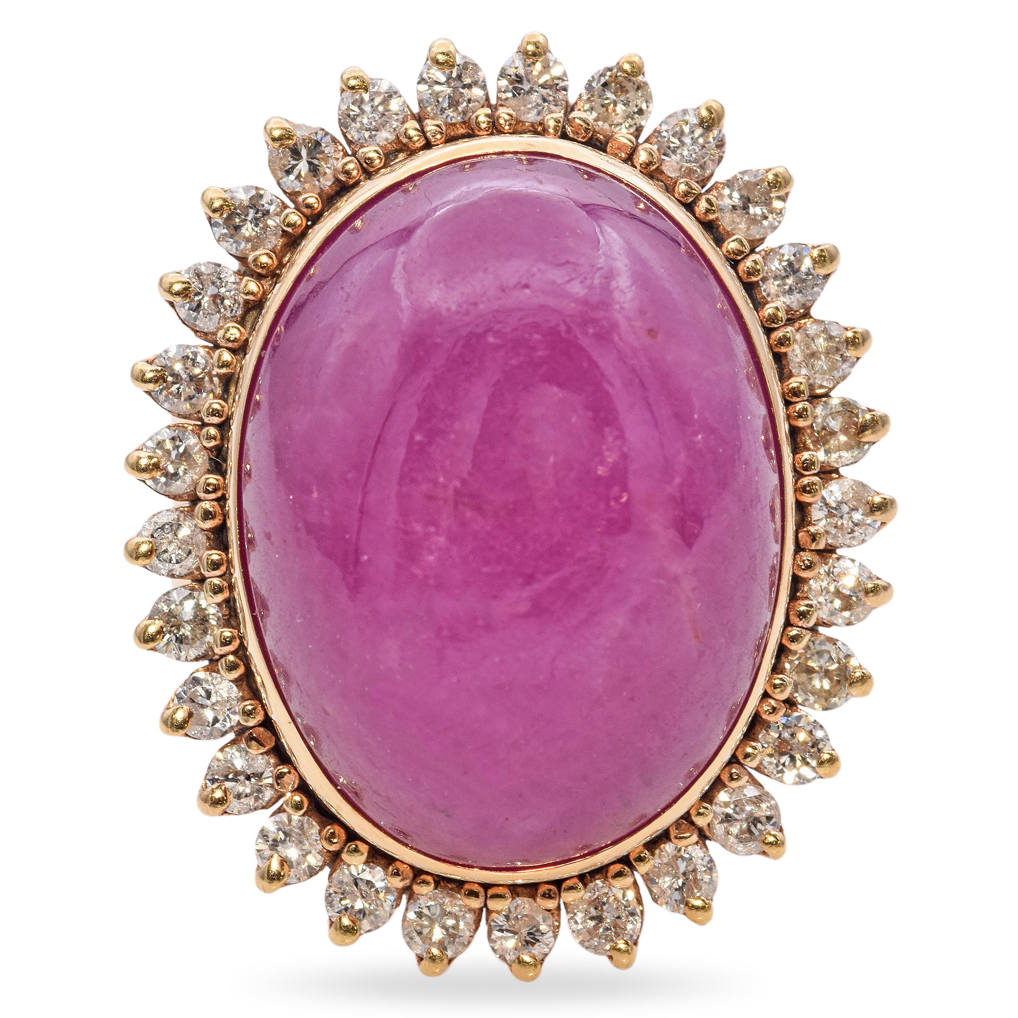 14K Yellow Gold 49.68 Ct. Pink Sapphire Cabochon Diamond Halo Cocktail Ring