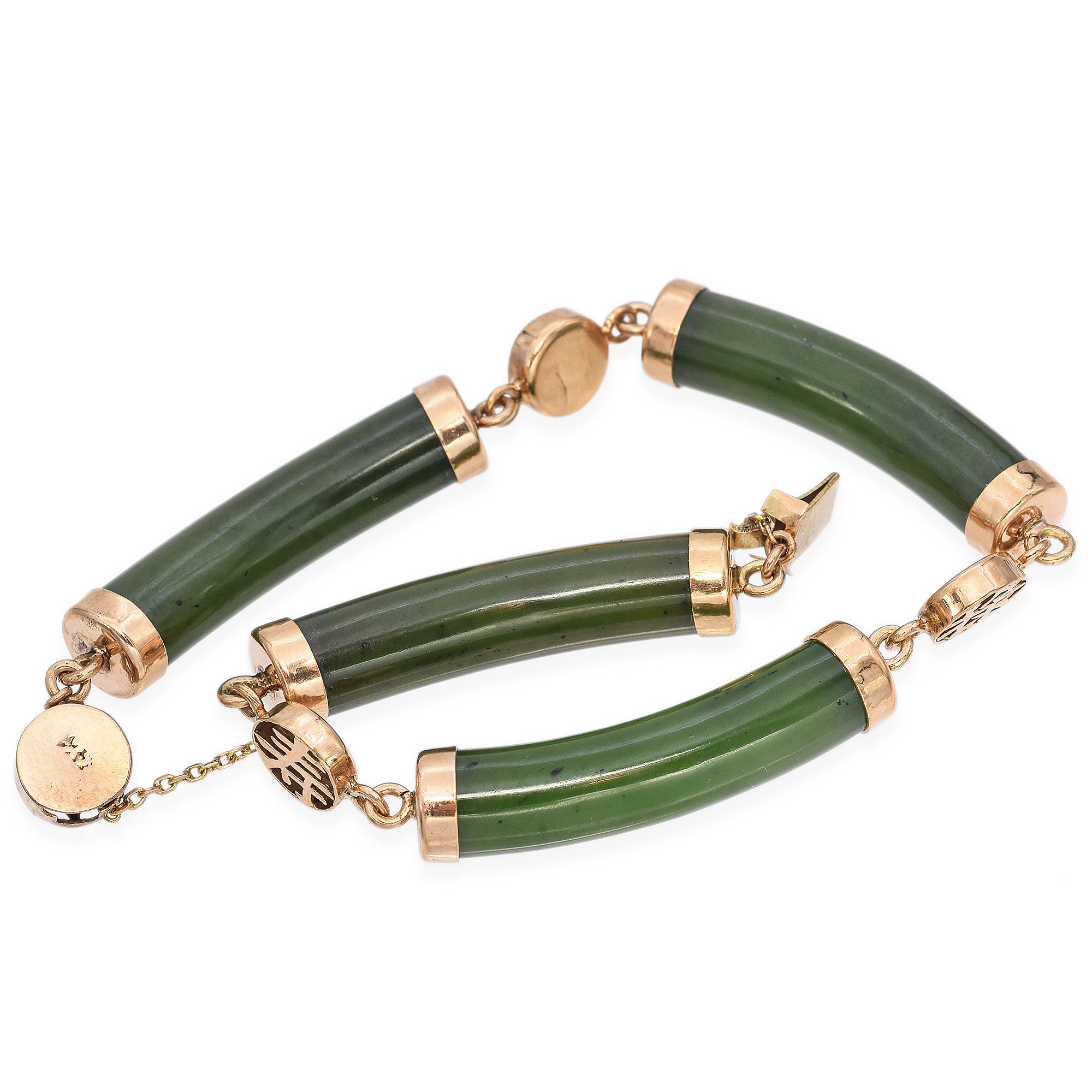 Vintage 14K Yellow Gold Green Jade Blessed Link Bracelet