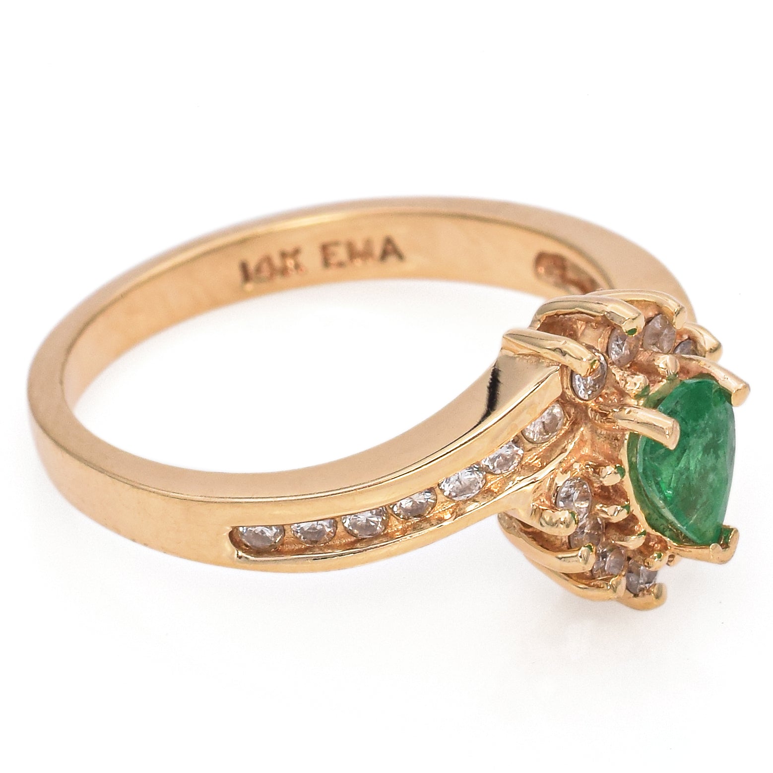 Vintage 14K Yellow Gold Emerald & Diamond Pear Band Ring