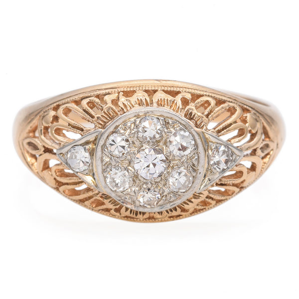 Vintage 14K Yellow Gold 0.19 TCW Diamond Round Filigree Dome Band Ring