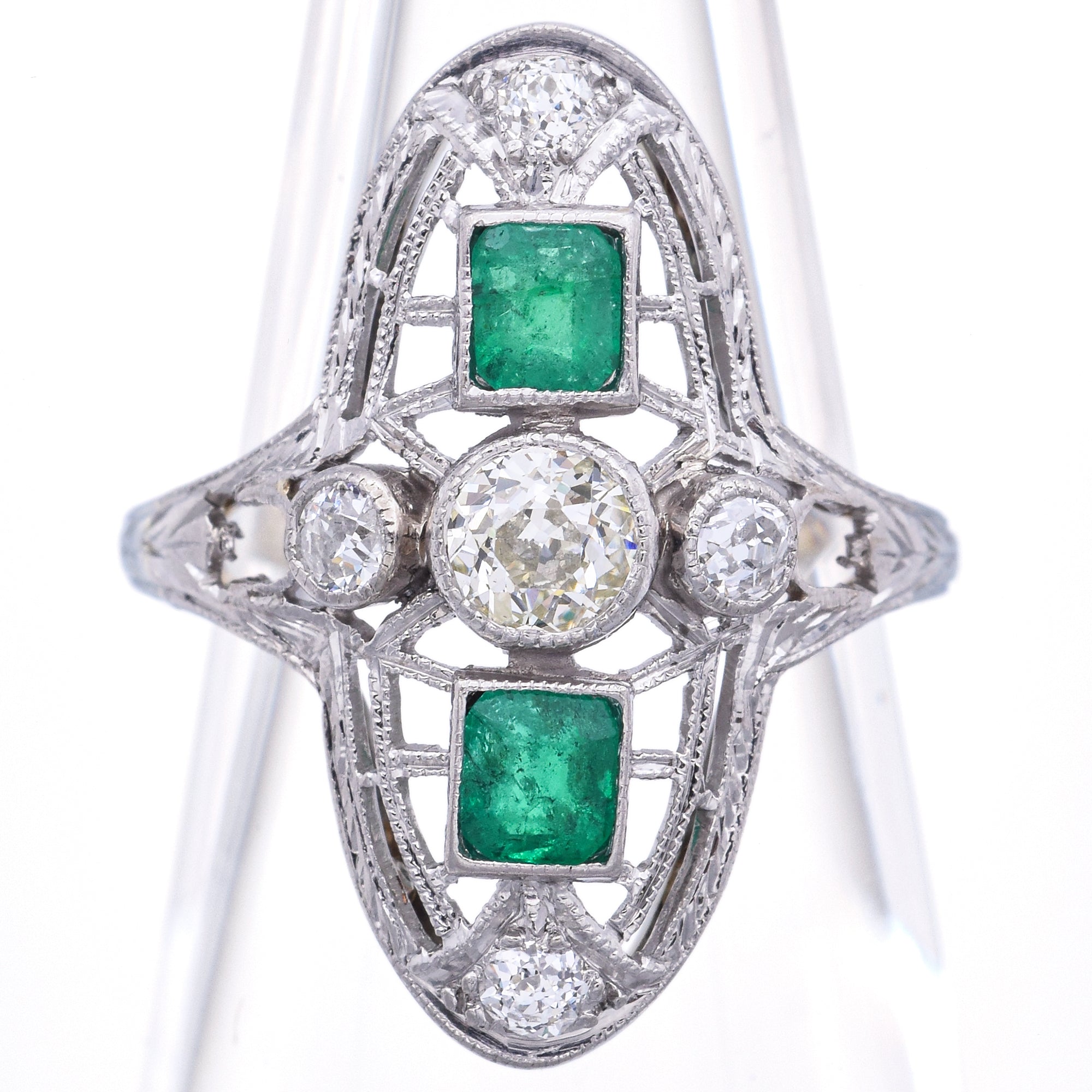 Antique Art Deco 18K White Gold Diamond & Emerald Shield Cocktail Ring Size 3