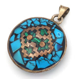 Vintage Handmade Aztec Multi-Stone Inlay Reversible Sterling Silver Pendant