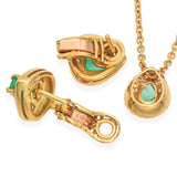 18K Yellow Gold 1.10 TCW Emerald and Halo Diamond Pendant & Stud Earrings Set