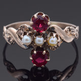 Antique Red Paste & Pearl 10K Yellow Gold Band Ring Size 5