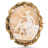 Antique Yellow Gold Cameo Artemis Holding Up Bow with Dog Brooch